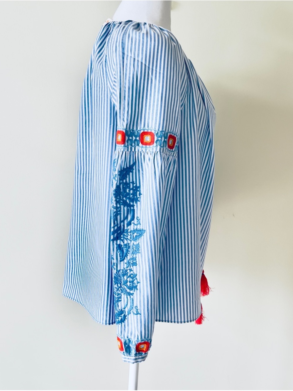 Tory Burch Light Blue Striped Peasant Blouse with Coral Tassels EUC Size 14 - Picture 6 of 9